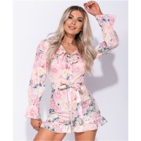 Kurzer Damen Overall Sommer Playsuit mit Blumen Rosa