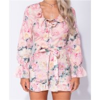 Short womens jumpsuit summer playsuit with flowers pink