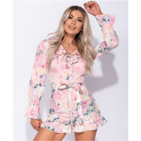 Short womens jumpsuit summer playsuit with flowers pink UK 12 (M)