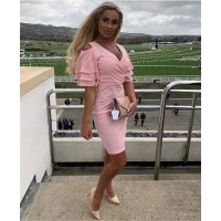 Knee-length dress with wrap front and flounced sleeves pink