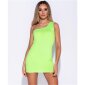 Sexy one-shoulder minidress rib-knitted bodycon fit neon green