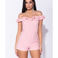 Sexy womens off shoulder playsuit with frills pink