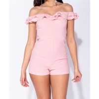 Sexy womens off shoulder playsuit with frills pink