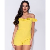 Sexy Damen Off-Shoulder Overall kurz mit Rüschen Gelb