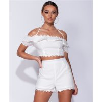 Sexy Damen Zweiteiler Sommer Crop Top und Shorts Weiß