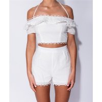 Sexy Damen Zweiteiler Sommer Crop Top und Shorts Weiß