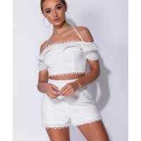 Sexy Damen Zweiteiler Sommer Crop Top und Shorts Weiß