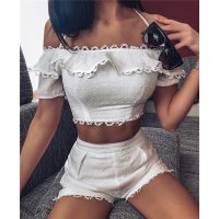 Sexy Damen Zweiteiler Sommer Crop Top und Shorts Weiß