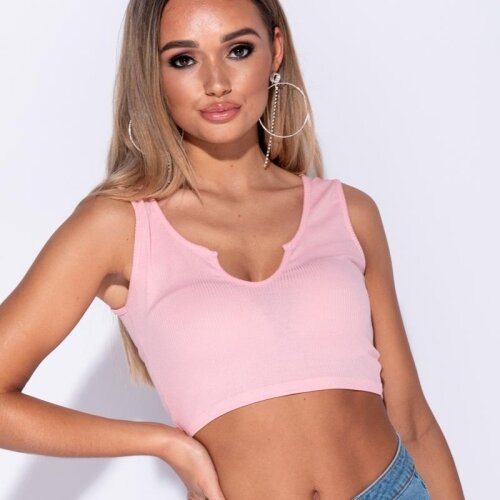 Sexy womens strappy crop top rib-knitted pink