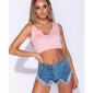 Sexy womens strappy crop top rib-knitted pink