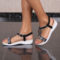 Flache Damen Sandalen atmungsaktiv mit Strass Schwarz