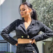 Kurzer Damen Blazer Jacke in Bouclé Look kariert Schwarz