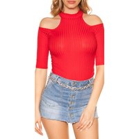 Rib-knitted womens cold shoulder shirt half-length red