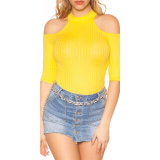 Rib-knitted womens cold shoulder shirt half-length yellow