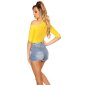Rib-knitted womens cold shoulder shirt half-length yellow