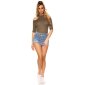 Rib-knitted womens cold shoulder shirt half-length khaki
