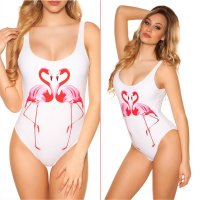 Womens push-up swimsuit with flamingo print beachwear white UK 8 (XS)