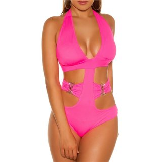 Sexy womens halterneck monokini beachwear neon-fuchsia