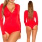 Womens long-sleeved bodysuit with button facing red