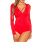 Womens long-sleeved bodysuit with button facing red