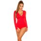 Womens long-sleeved bodysuit with button facing red