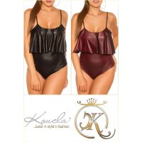 Sexy womens wet look bodysuit with flounce clubwear black