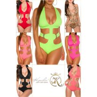 Sexy Damen Neckholder Monokini Beachwear Neon Coral 38 (M)