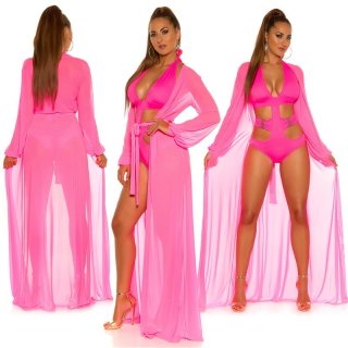 Damen Strand Kimono lang aus Chiffon Strandkleid Neon Pink Einheitsgröße (34,36,38)