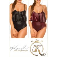 Sexy Damen Wetlook Body mit Volant Clubwear Schwarz Einheitsgröße (34,36,38)