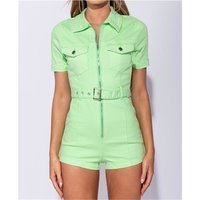 Damen Kurzarm Jeans Overall Playsuit mit Gürtel Neon Grün