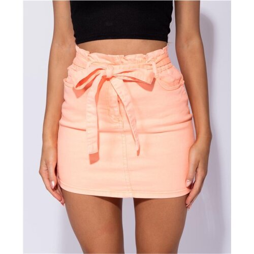 Trendy womens paper bag jeans miniskirt with belt neon-orange