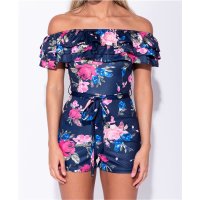 Damen Overall mit Carmenausschnitt und Blumen Gürtel Marine