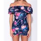 Damen Overall mit Carmenausschnitt und Blumen Gürtel Marine