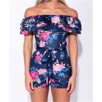 Womens playsuit with Carmen neckline and flowers belt navy UK 14 (L)