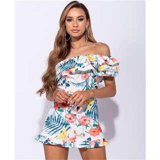 Damen Overall mit Carmenausschnitt und Blumenmuster Weiß