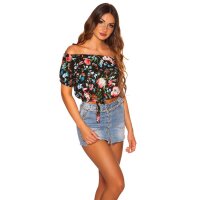 Damen Carmen Shirt zum Binden mit Blumen Schwarz
