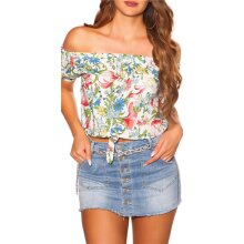 Damen Carmen Shirt zum Binden mit Blumen Weiß