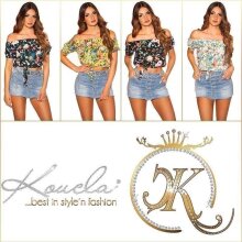 Damen Carmen Shirt zum Binden mit Blumen Weiß