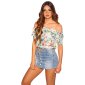 Damen Carmen Shirt zum Binden mit Blumen Weiß