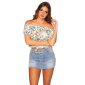 Damen Carmen Shirt zum Binden mit Blumen Weiß