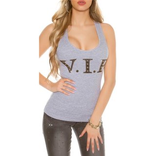 Sexy womens tanktop with lettering "VIP" and rhinestones grey Onesize (UK 8,10,12)