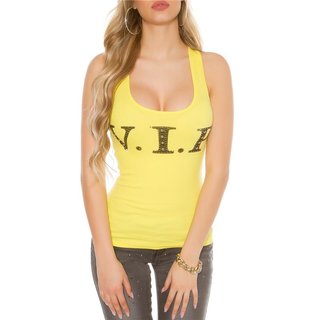 Sexy womens tanktop with lettering "VIP" and rhinestones yellow Onesize (UK 8,10,12)