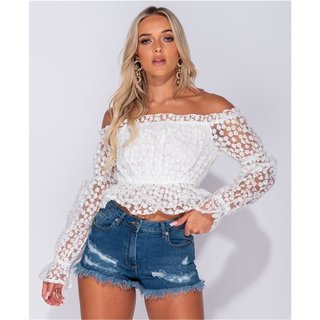 Womens off-the-shoulder shirt transparent with flowers white