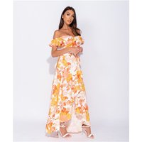 Langes Off Shoulder Maxikleid mit Volants und Blumen Gelb