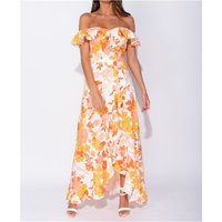 Langes Off Shoulder Maxikleid mit Volants und Blumen Gelb