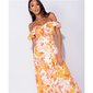 Long off-shoulder maxi dress with flounces and flowers yellow