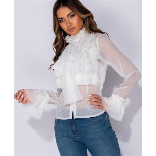Edle Damen Chiffon Schluppenbluse mit Volants Weiß