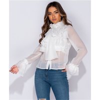 Edle Damen Chiffon Schluppenbluse mit Volants Weiß