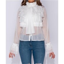 Edle Damen Chiffon Schluppenbluse mit Volants Weiß