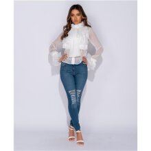 Edle Damen Chiffon Schluppenbluse mit Volants Weiß